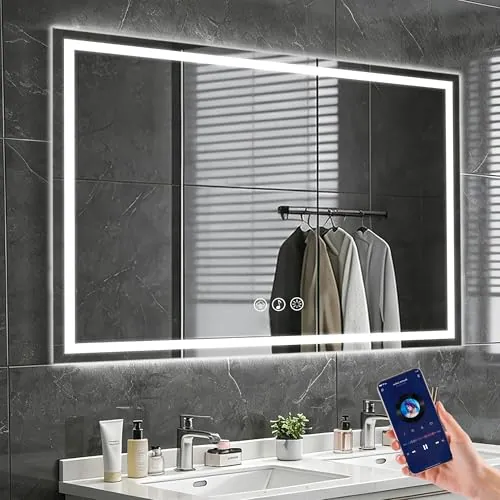 Ratsamee Bluetooth Espejo Baño con Luz 80x100cm, Espejos de Baño con LED con Antivaho, Regulable, 3 Colores Luz, Función Memoria
