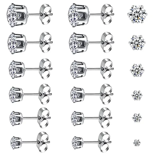 6 Pares de Pendientes de Diamantes para Hombre, Pendientes Hombre Mujer de Circonita Cúbica, Acero Quirúrgico HipoaLergénico, Pendientes Brillantes 3-8 mm