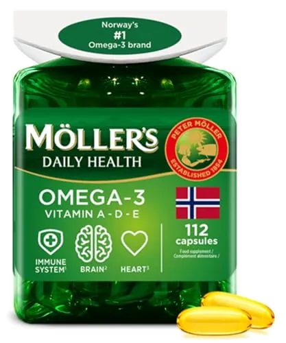 Moller’s ® | Cápsulas de omega 3 | Aceite de pescado | Suplemento dietético nórdico con omega 3 y EPA, DHA, vitaminas A, D y E | Marca con 166 años de historia | Daily Health | 112 cápsulas