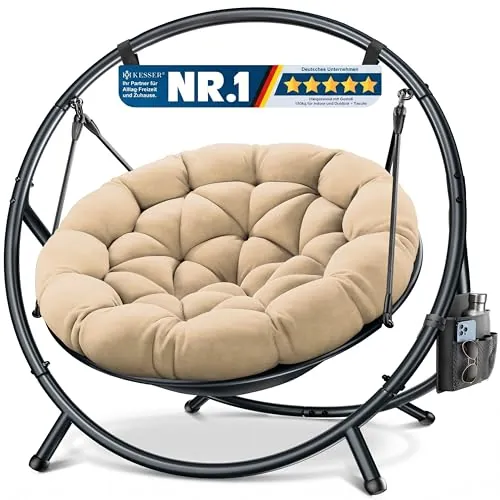 KESSER Silla colgante con estructura Bali, columpio colgante de hasta 150 kg, para interior y exterior, cojín y bolsillo lateral, cesta colgante, estructura de acero y cojín de espuma, ideal para