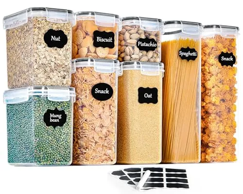 GoMaihe Botes Cocina, Juego de 8 Piezas de Recipiente de Botes Cocina Almacenaje de Plástico de Alimentos Sellados con Tapa, Se Utiliza para Almacenar Cereales, Pasta, Arroz, Harina, Etc