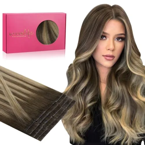 WENNALIFE Extensiones de cabello real, 40 cm, 50 g, 20 unidades, color marrón chocolate a caramelo rubio caramelo, extensiones de pelo humano sedoso y recto