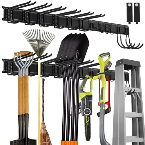 Sinoer Organizador de herramientas de garaje de pared, soporte metálico para herramientas de jardín, porta herramientas de jardín, ganchos para escobas, 64 pulgadas, 12 ganchos