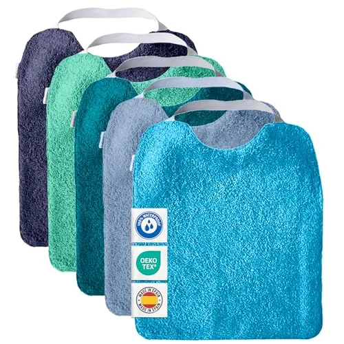 MIMUSELINA Baberos Bebe Impermeables Reutilizables | Babero Bebe Recien Facil de Poner | Babero con Certificación OEKO-TEX y Sin BPA | Hecho en Espana | Pack de 5 Baberos de Rizo Aqua