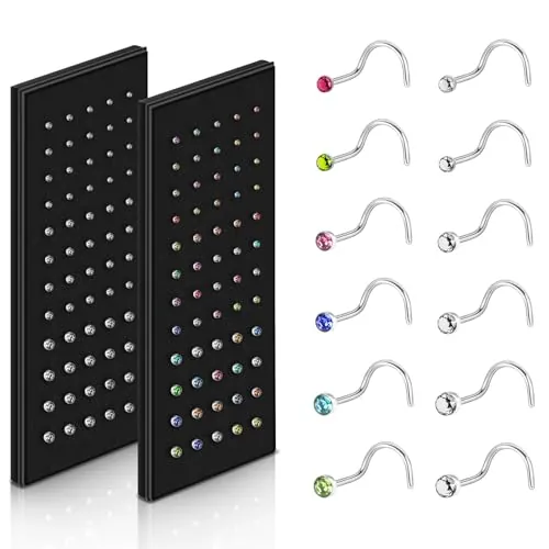 Aucuu 120PCS Titanio Piercing Nariz para Mujeres y Hombres, 316L Hipoalergénicos Nariz Anillo Piercing Joyería, Forma de S Nariz Studs Set, 1.5mm 2mm 2.5mm
