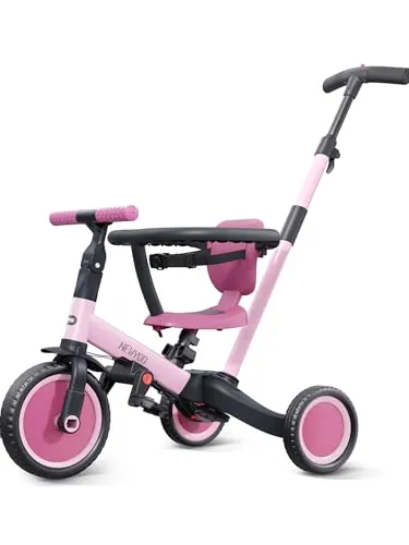 newyoo TR008 Triciclo Evolutivo 5 en 1 para Niños 1-3 Años con Barra de Seguridad y Varilla de Empuje, Regalo de Cumpleaños para Niños y Niñas, Bicicleta de Equilibrio y Juguete Montable, Rosa