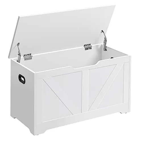VASAGLE Puff Almacenaje, Banco Almacenaje con 2 Bisagras de Seguridad, Baúl Almacenaje, Banco Zapatero, Estilo de Campo, 40 x 80 x 46 cm, para Pasillo Dormitorio Salón, Blanco Nube LSB062T14