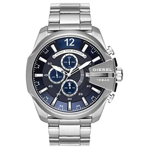 Diesel Reloj Mega Chief para Hombre, Movimiento cronógrafo con correa de acero inoxidable, Azul oscuro y tono plateado, 51 mm