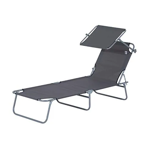 Outsunny Tumbona Plegable Tumbona de Jardín Exterior Reclinable con Toldo Desmontable con Ángulo Regulable Respaldo Ajustable en 4 Niveles para Terraza Piscina Patio 187x58x36 cm Gris