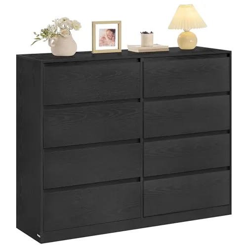 VASAGLE Cómoda con 8 Cajones, 119,4 x 40,3 x 97,5 cm | Cajonera de Almacenamiento, Tablero de Partículas y MDF, para Dormitorio, Salón, Negro Ébano, Colección KAILYN LTS618BE01