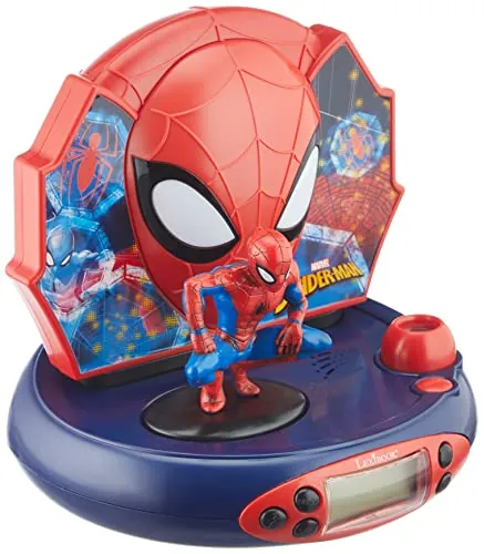LEXIBOOK, Spider-Man, Reloj Despertador con proyector para niños, Luz Nocturna y proyección de la Hora en el Techo, Efectos de Sonido, Funciona con Pilas, Rojo, RP500SP