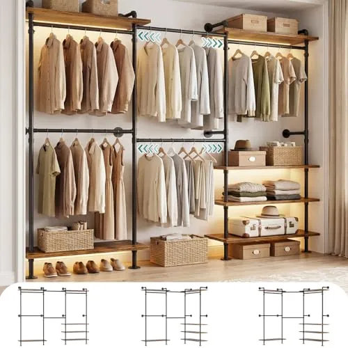 iSunirm Sistema de armario abierto – Barra telescópica para ropa pesada, vestidor, flexible como forma de L o recta, diseño industrial para dormitorio y vestidor