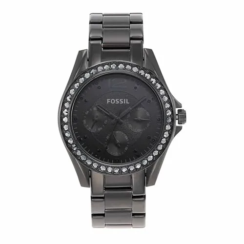 Fossil Riley Reloj para mujer, movimiento cronógrafo con correa de acero o piel, Negro y purpurina, 38MM