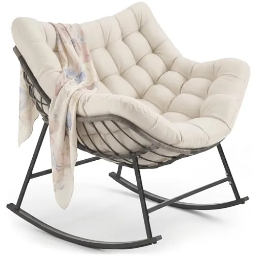 tectake® Silla Mecedora, Cojín Lavable Grueso, Sillon Lectura, 99,5 x 93 x 89 cm, Carga 120 kg, Butaca Salon, Interior Exterior, Sillon Lactancia, Sillones Dormitorio, Butaca Dormitorio - Beige