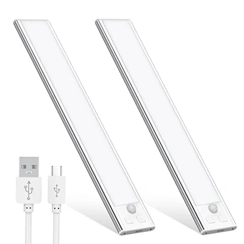 OUILA Luz de Armario con Sensor Movimiento 6500K Recargable Luz Nocturna,20.5CM Regulable Lampara LED Adhesiva para Gabinete, Pasillo, Escalera, Sótano, Cocina, Garaje-2 Packs