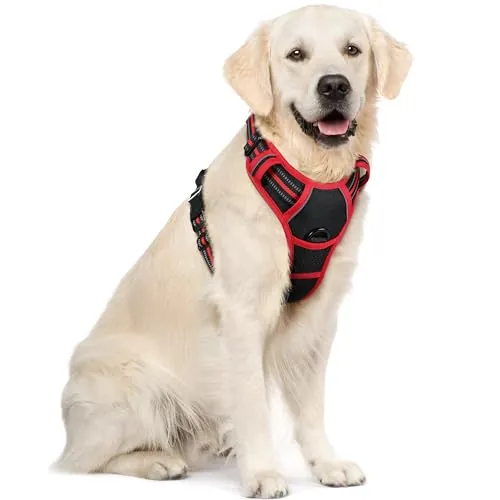 rabbitgoo Arnes Perro Grande, Arnes Perro Antitirones Coche con Lineas Reflecantes, Chaleco Perro Acolchado Ajustable Transpirable con Asa y Anillos para Adiesreamiento Tamaño XL Color Negro y Rojo