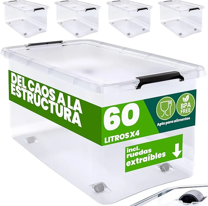 Deuba® 4X Cajas de Almacenamiento 60L Tapa Clips de Cierre Transparentes Almacenaje Juguetes Ruedas Apilable