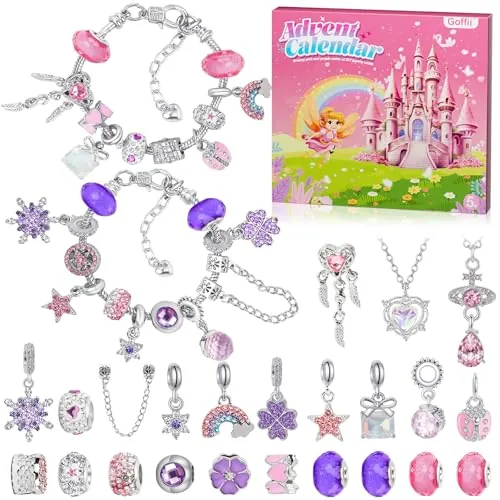 Calendario Adviento Niños 2025, Advent Calendar niñas para hacer joyas con 24 sorpresas y accesorios, DIY Pulseras y collares DIY de 6 a 13 años - Rosa y morado