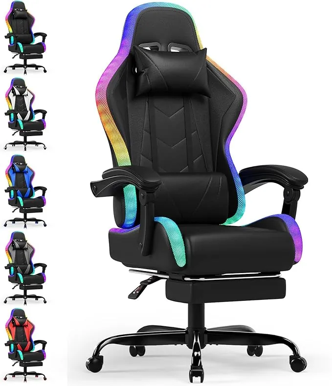 Devoko Silla Gaming con Masajeador y LED, Silla de Oficina Ergonómica con Reposapiés, Sillas Gaming para Oficina y Juegos con Iluminación RGB（Negro）