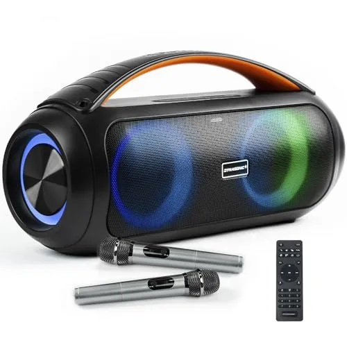 DYNASONIC Altavoz Bluetooth Potente con Micrófono Inalámbrico, Waterproof IPX7, Luces LED RGB, USB/SD/AUX, Batería de Larga Duración. Ideal para Fiestas, Playa y Exterior