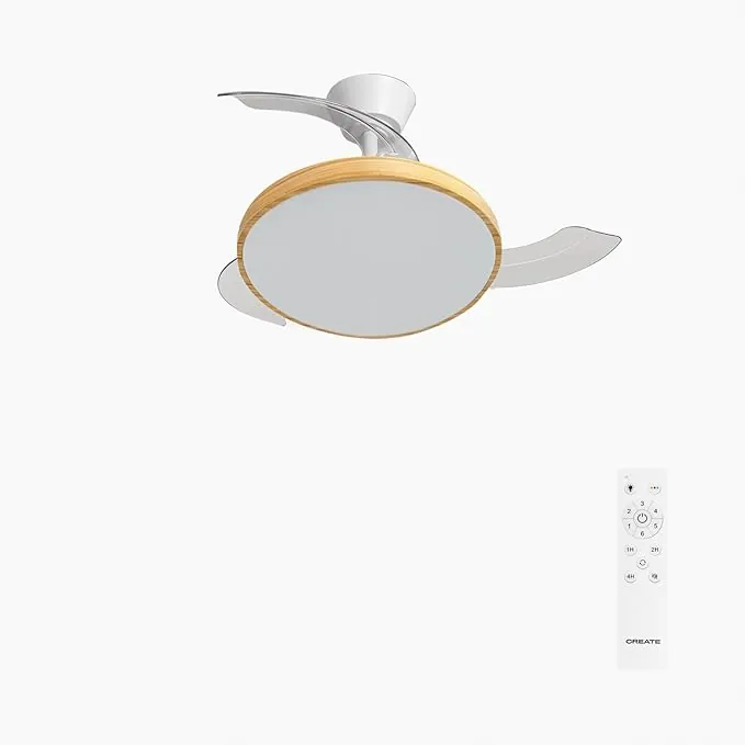 CREATE / WIND CLEAR STUDIO S/Ventilador de techo con luz blanco y madera clara con mando / 40W, Temporizador, Ø 91 cm, aspas retráctiles, 3 temperaturas de luz, función verano-invierno