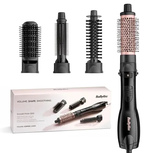BaByliss Smooth Finish 1200 – Cepillo de Aire Caliente 4-en-1 para Secar, Alisar, Dar Volumen y Moldear, Tecnología Iónica & Cerámica, 4 Accesorios, 1200W, Negro/Rosa, AS122E