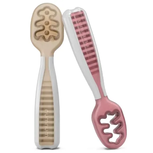 NumNum GOOtensils Cucharas Bebé Aprendizaje - Etapa 1+2 Precucharas de Silicona Bebé 6+ Meses - Autoalimentación BLW Cubiertos Bebé - Baby Led Weaning - Libre de BPA - Pack 2 (Bronceado/Malva)