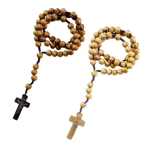 Funver 2 Pcs Collar de Rosario con Cruz Católica, Cuentas de Oración de Madera Natural, Hecho a Mano Joyería Religiosa con Cruz para Comunión y Bautismo Misa, Biblia