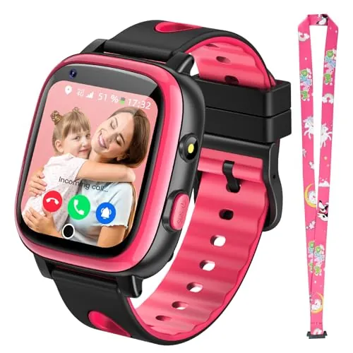 2026 Nuevo 4G Reloj Inteligente Niño con Videollamada & GPS, SOS, Chat de Voz, IP68 Impermeable, Modo Escuela, Podómetro, Despertador, Flashcard, Regalo para Niños y Niñas de 4 a 15 Años Rojo
