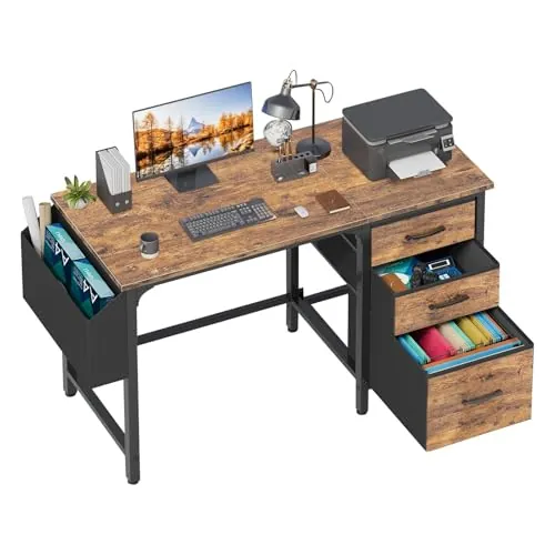 Lufeiya Escritorio para computadora con cajones de tela, escritorio reversible de 47 pulgadas para oficina en casa con archivador para espacio pequeño, mesa de estudio y escritura, escritorio de PC,
