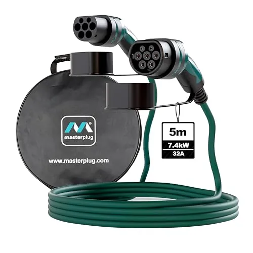 Masterplug Cable de Carga Rápida VE Modo 3 con Estuche de Transporte, Coche de Vehículo Eléctrico e Híbrido Enchufable Tipo 2 a Tipo 2, Monofásico, Cable de 5 Metros, 7,4kW, 32A, EVC22325SL/CASE