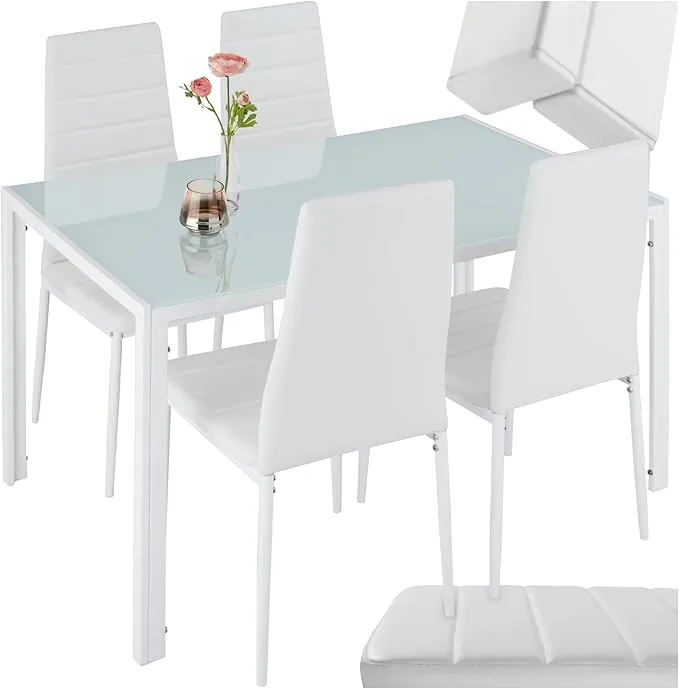 tectake® Conjunto Mesa y sillas de Comedor, Mesa con Tablero Cristal Seguridad y 4 sillas Cocina tapizadas Cuero sintético, Estructura Acero, sillas Comedor, Set Muebles de Cocina - Blanco