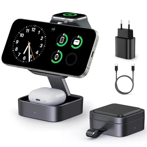 Estación de Carga 3 en 1 para Apple, Cargador de Viaje rápido Plegable magnético Compatible con mag-Safe para iPhone 18/17/16/15/14/13/12/Air/Duo Series, Apple Watch & AirPods 5/4/3/2/Pro
