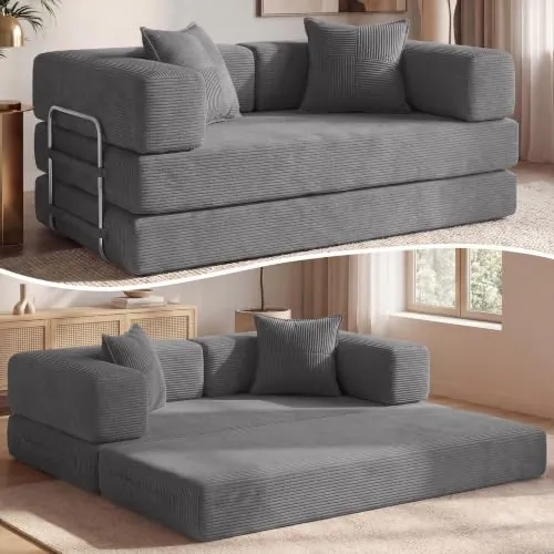 Vipbear Sofá Cama Pana 200×100×70 cm, sofá de Suelo transformable 5 en 1, Espuma de Alta Densidad, Apto para Mascotas y ergonómico, sin Montaje, Gris