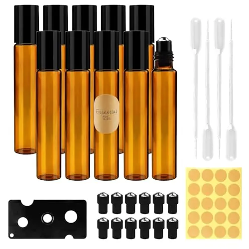 Quelcc 10 Piezas Marrón Botellas Rollon, Rellenable Perfume Roll 10ml, Botellas Roll On Cristal con Roll-on Bola de Acero Inoxidable, para Aceites Esenciales, Masajes, Perfumes, Aromaterapia