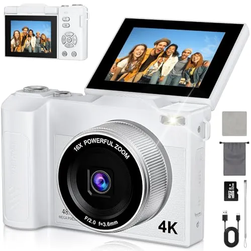 Cámara de Fotos 48MP 4K Cámara Digital Compacta con Zoom 16X 2,8" LCD Compacta Portátil Cámara con Tarjeta 32GB para Niños Principiantes Adulto (Negro) (Blanco)