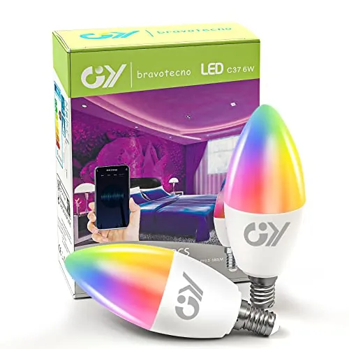 GY Bombilla Inteligente E14 Bombilla LED - 6W 600LM RGBW 2700K-6500K Regulable - C37 Vela Bombilla Inteligente Alexa Compatible con Google Home, TUYA Smart (2 Unidad)