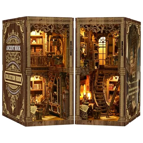 Teoryieer Book Nook Biblioteca Antigua con Lluminación, Puzzle 3D DIY, Kit de Maquetas de Madera en Miniatura, Diorama Sujetalibros, Decoración para Sala de Estar, Regalo Intelectual y Refinado
