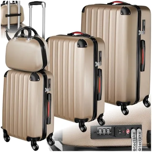 tectake® Juego de 3 Maletas Rígidas de Plástico ABS y 1 Neceser, Tamaños XL-L-M, Set Maletas Viaje con Ruedas 360º Extraíbles, Cerradura de Combinación TSA, Asas Laterales y Asa Telescópica - champán