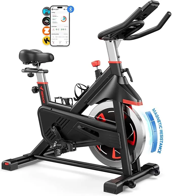 MERACH Bicicleta Estática con Resistencia Magnética, Bicicleta Estatica en Casa Silenciosa con Asiento Cómodo Mejorado, Pantalla LCD, Soporte para Tableta, Aplicación Exclusiva, Capacidad Máxima 136kg
