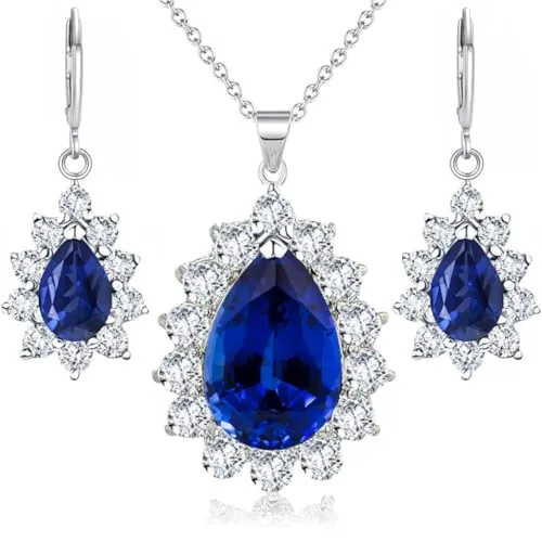 Crystalline Azuria Mujer 18ct Chapado en Oro Blanco Lágrimas Zafiro simulado Azul Zirconia Juego de joyas Collar Pendientes