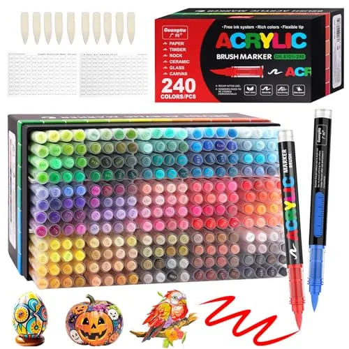 Funnasting 240 Colores Rotuladores Acrilicos, Punta de Pincel marcadores acrílicos para Colorear, Vidrio, Tela, Huevo, Pintura sobre Piedras y Materiales Artísticos para Manualidades y DIY