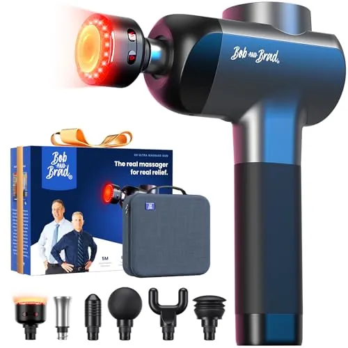 BOB AND BRAD X6 Ultra Pistola de Masaje Muscular Percusión Luz Infrarroja y Calor, Terapia de Tejidos Profundos para Atletas, Cabezal Exclusivo de Titanio y 6 Accesorios, Regalo