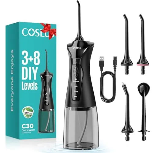 COSLUS Irrigador Bucal Portatil Irrigador Dental:4 Boquillas 4 Modos Recargable Limpiador de Riego para Limpieza Dental, 300ML IPX7 Impermeable Limpieza Dientes Para el Hogar y los Viajes Negro