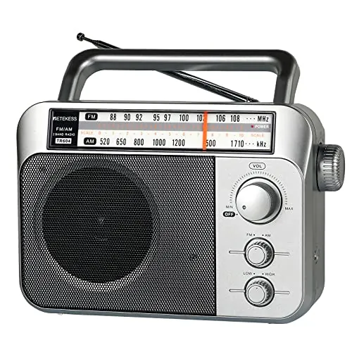 Retekess TR604 Radio Portátil,Transistor Radio FM Am,radios portátiles Pilas con Cable,Vintage Altavoz Grande,Fácil y Simple de Usar,Cocina,para Personas Mayores,(Plata)