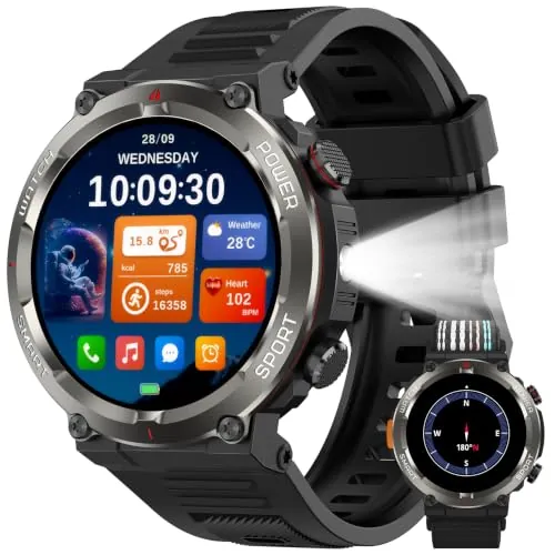 Yxtel Reloj Inteligente Militar con Linterna LED, Brújula, BT, 1.45"