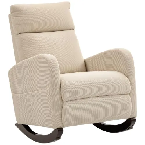 HOMCOM Silla Mecedora de Pana con Respaldo Alto Bolsillos 120 kg Beige