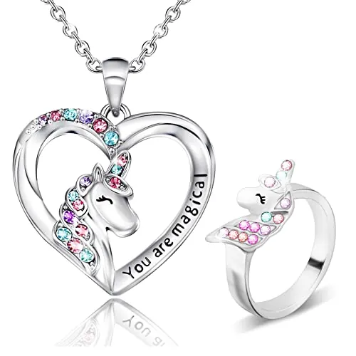 2PCS Collar de Unicornio y Anillo de Unicornio, Collar con Colgante de Corazón, Regalo de Joyería de Unicornio "You Are Magical" para Hija, Nieta, Sobrina, Apto para Fiesta de Cumpleaños de Navidad
