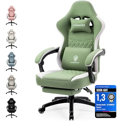 Dowinx Silla de Gaming de Tela, sillón de Masaje con reposapiés, Silla ergonómica de PC, Silla de Oficina, 150 kg, Reposapiés estándar/Verde Claro