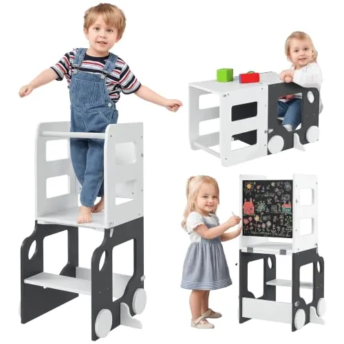 AIYAPLAY Torre de Aprendizaje Montessori 4 en 1 58x46x92 cm Blanco y Gris | Taburete de Aprendizaje, para Niños de +3 Años, Convertible en Mesa y Silla, Pizarra de Doble Cara, Barra de Seguridad